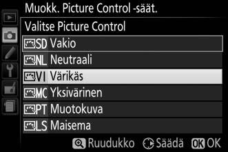 Mukautettujen Picture Control -säädinten luominen Kameran mukana toimitetuista Picture Control -säätimistä voi muokata ja tallentaa mukautettuja