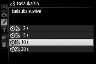 c3: Itselaukaisin G-painike A mukautetut asetukset -valikko Valitse laukaisuviive ja otettavien kuvien määrä. Itselaukaisuviive: Valitse laukaisuviive.