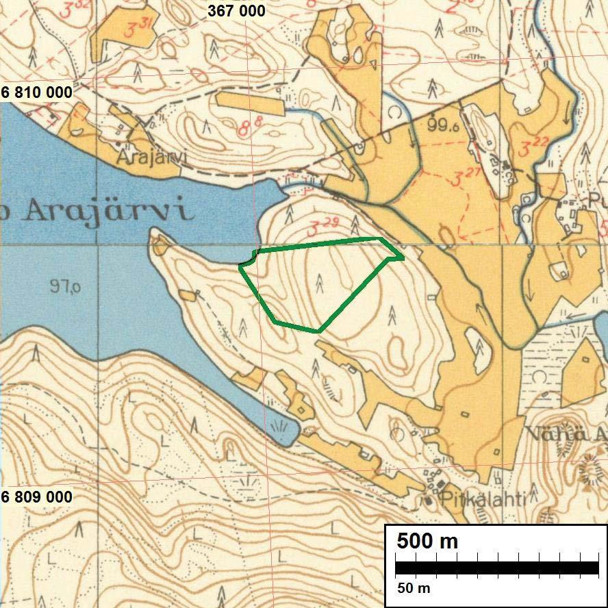 Kalliomäen ranta-asemakaava, kaavaselostus, liite 3: Muinaisjäännösinventointi 2015 5 Ote peruskartasta vuodelta 1957 (2141 07 Aitoo + 2141 08 Pakkala). Tutkimusalue on vihreällä rajauksella.