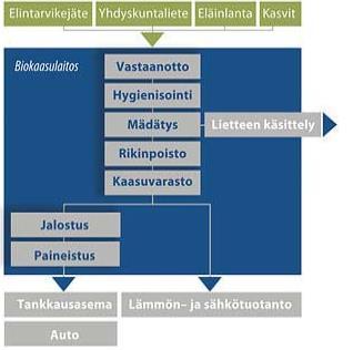 10 keen sitä voidaan ajaa esimerkiksi pelloille kompostiksi. Reaktoreissa syntynyttä kaasua puhdistetaan erilaisista yhdisteistä, kuten rikistä, ennen kuin sitä käytetään sähkön- ja lämmöntuotantoon.