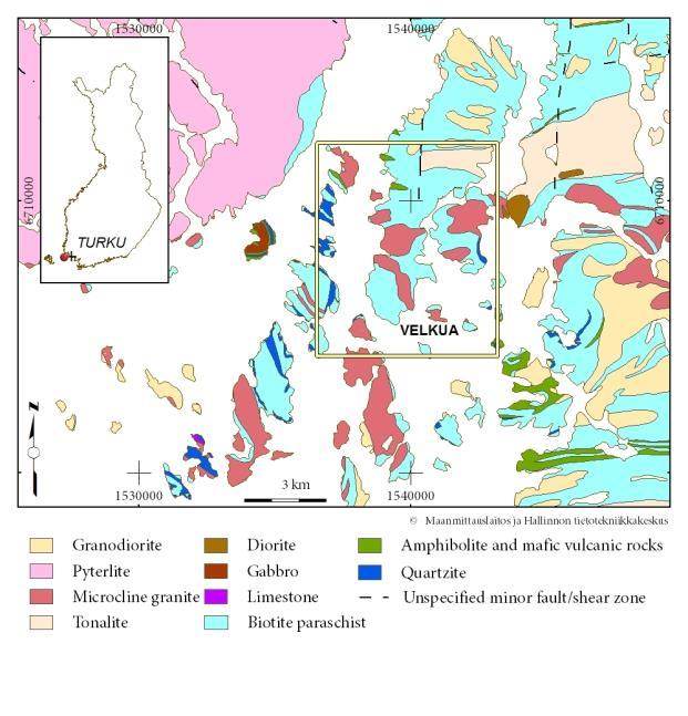 Geofysiikan mittaukset Velkuan Au-mineralisaation tutkimusalueella Naantalissa 2 1. Yleistä Tutkimusalue sijaitsee Naantalin Teersalossa,Velkuan saaristossa, Turusta 25 km länteen.