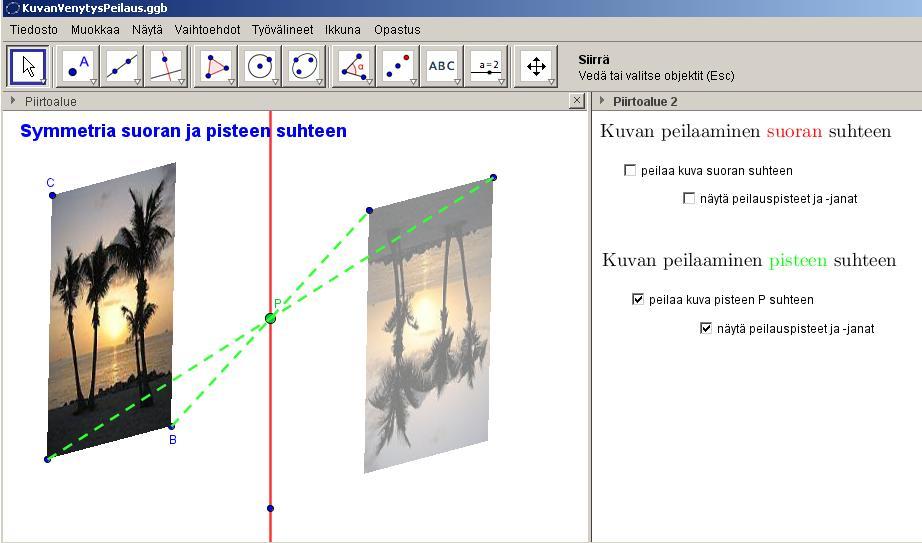 Peilataan kuva suoran ja pisteen suhteen piirrä piirtoalueen poikki suora (yllä kuvassa punainen) peilaa palmukuva suoran suhteen pienennä peilikuvan Peittävyyttä Ominaisuudet-ikkunan