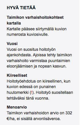 Hoitotyöt ja hakkuut Hoitotyöt- ja hakkuut-välilehdiltä löydät yhteenvedon viiden vuoden toimenpide-ehdotuksista kaikilta metsätiloiltasi. Voit laittaa töitä vireille Metsään.