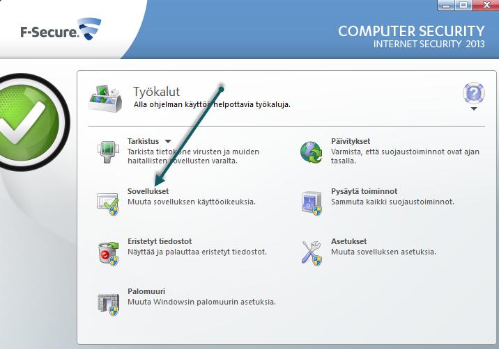 Valitse ruutuun tulevasta F-Securen ikkunasta Työkalut: Hyväksy Windowsin kysymä käynnistyslupa F-Securen