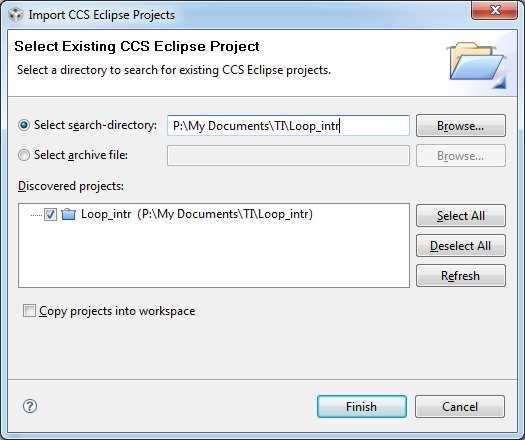 Aukeaa dialogi, jolle täytyy antaa hakemisto, josta projekti löytyy (siis P:\My Documents\TI\Loop_Intr\ kohtaan Select search-directory).
