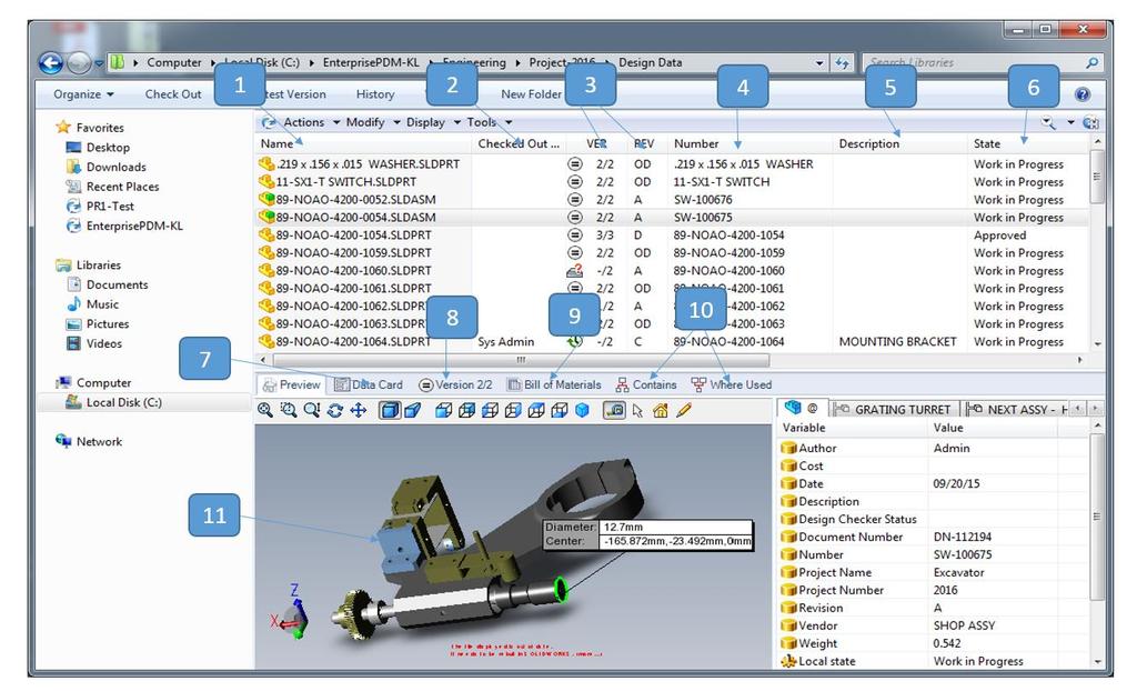 15 Kuva 8 SolidWorks PDM -järjestelmän käyttöliittymä (SolidWorks 2017, muokattu) 6.