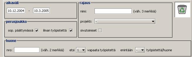 JFormattedTextFieldit: starttimefield, endtimefield JTextField: personnamefield JTextField: roomfield JCheckBoxit: contractendingbutton, nopostbutton, parttimebutton Kuva 2.