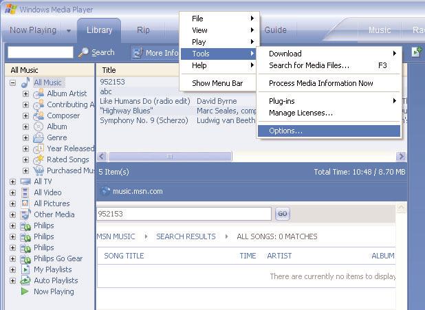 1 2 3 Saat koko kirjaston sisällön WMP:n kautta seuraavasti: 1 Valitse Tools > Options (Työkalut > Asetukset).