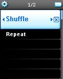 Soittotila Voit asettaa soittimen soittamaan kappaleita satunnaisesti (Shuffle All - Sekoita Kaikki ) tai toistaen (Repeat One - Toista 1 tai Repeat All - Toista Kaikki ).