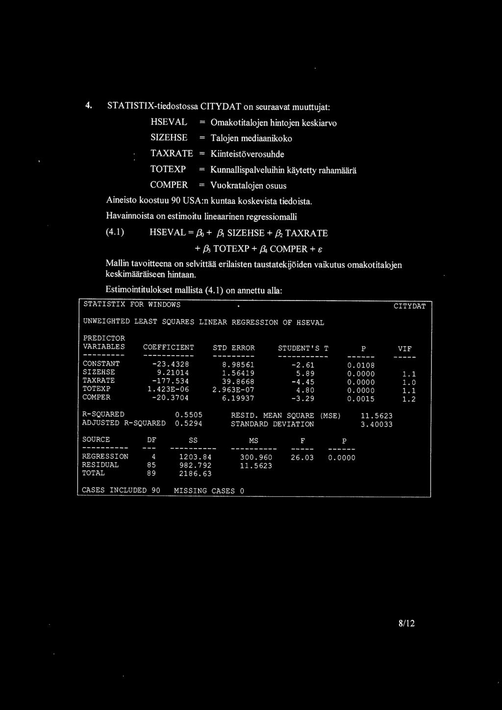 1) HSEV AL = f3o {3 1 SIZEHSE /32 TAXRA TE /3J TOTEXP /34 COMPER & Mallin tavoitteena on selvittiiii erilaisten taustatekijoiden vaikutus omakotitalojen keskimiiiiriiiseen hintaan.