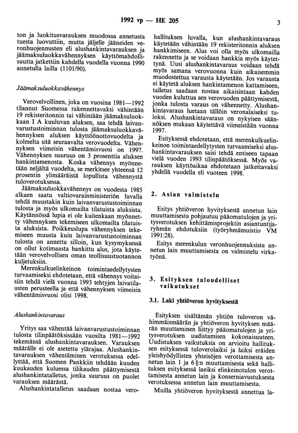 1992 vp - HE 205 3 ton ja luokitusvarauksen muodossa annetusta tuesta luovuttiin, mutta jäljelle jääneiden veronhuojennusten eli alushankintavarauksen ja jäämaksuluokkavähennyksen