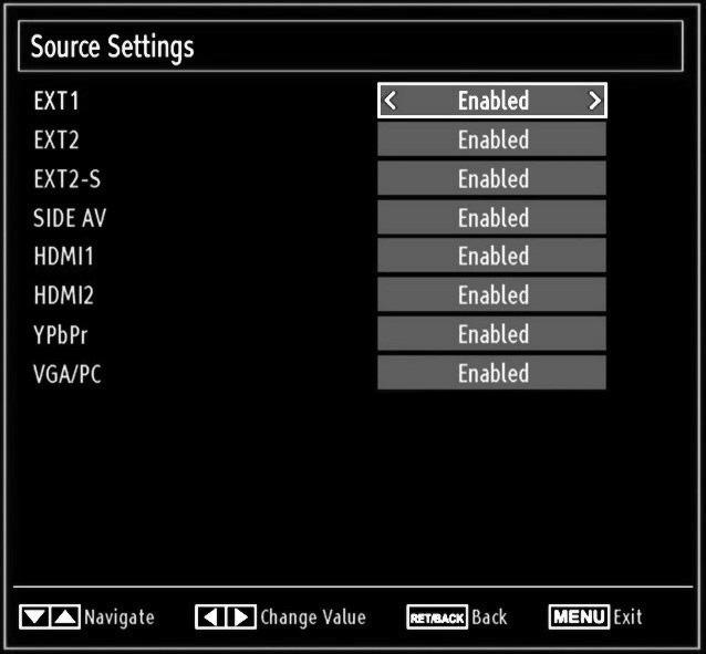 Configuring Source Settings You can enables or disable selected source options. The TV will not switch to the disabled source options when SOURCE button is pressed.