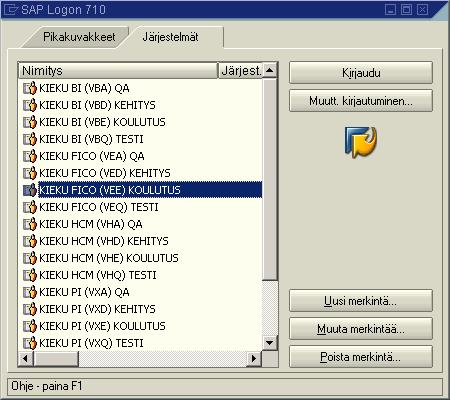 SAP GUI Sisäänkirjautuminen 6 SAP GUI (Graphical User Interface) työasemaan asennettava käyttöliittymä Käynnistetään