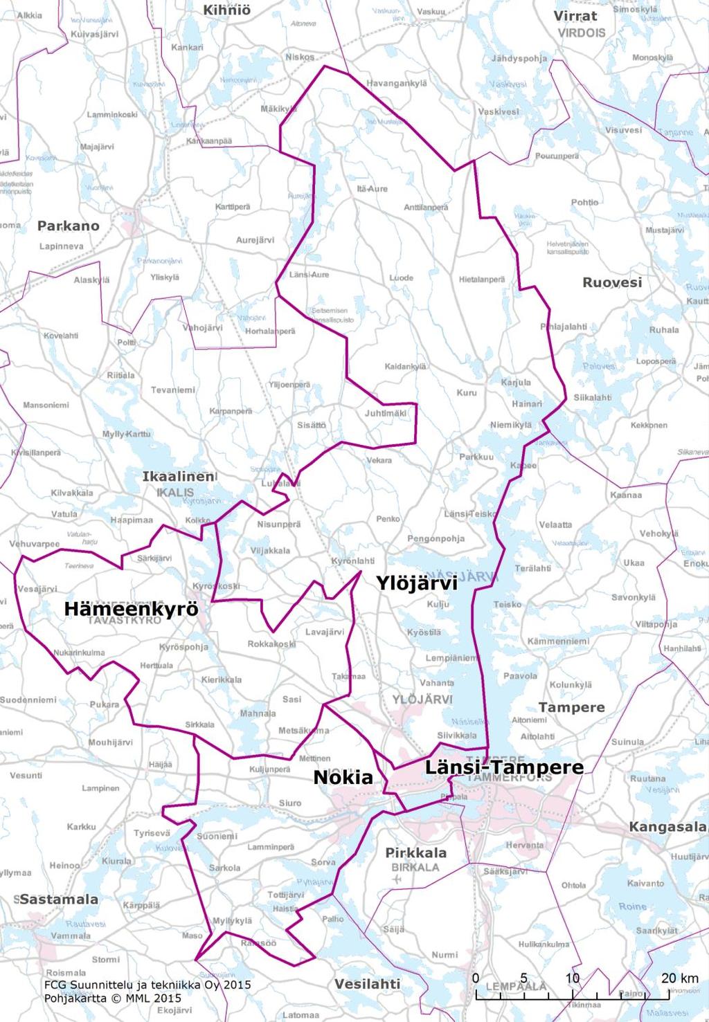 FCG SUUNNITTELU JA TEKNIIKKA OY Raporttiluonnos 3 (55) 1.3 Tarkastelualue Selvityksen tarkastelualueena on Ylöjärven, Hämeenkyrön, Nokian ja Tampereen läntisten osien muodostama alue.