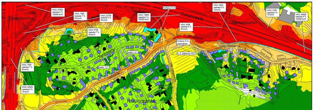 21 (28) Kuva. Melutilanne vuonna 2035 esitetyn melusuojauksen kanssa (Kunnallistekniikan yleissuunnitelma 2017, Ramboll). Kaavamerkinnöissä ja -määräyksissä on huomioitu esitetty melusuojaus.