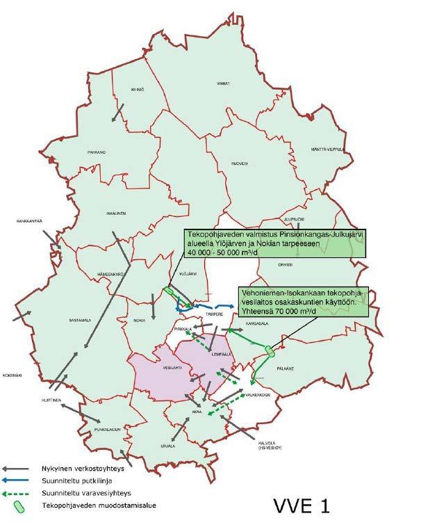 Pohjoisen, läntisen ja itäisen Pirkanmaan vedenhankinta perustuu pohjaveteen Tekopohjaveden hyödyntäminen VVE 1 Vehoniemen Isokankaan tekopohjavesilaitos toteutuu ja Ruskon laitos saneerataan