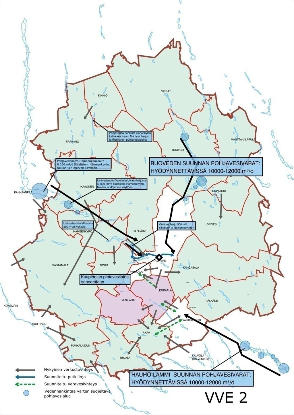 Pohjoisen, läntisen ja itäisen Pirkanmaan vedenhankinta perustuu pohjaveteen Jämijärven suunta 8000 m3/d Ruoveden suunta 12 000 m3/d Pohjaveden laaja hyödyntäminen VVE 2 Kaupinojan