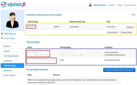 Sijaisen antamien taustatietojen mukaisia työtehtäviä valitulla alueella tarjoavat yritykset listataan työnantajat otsikon alla (sininen laatikko).