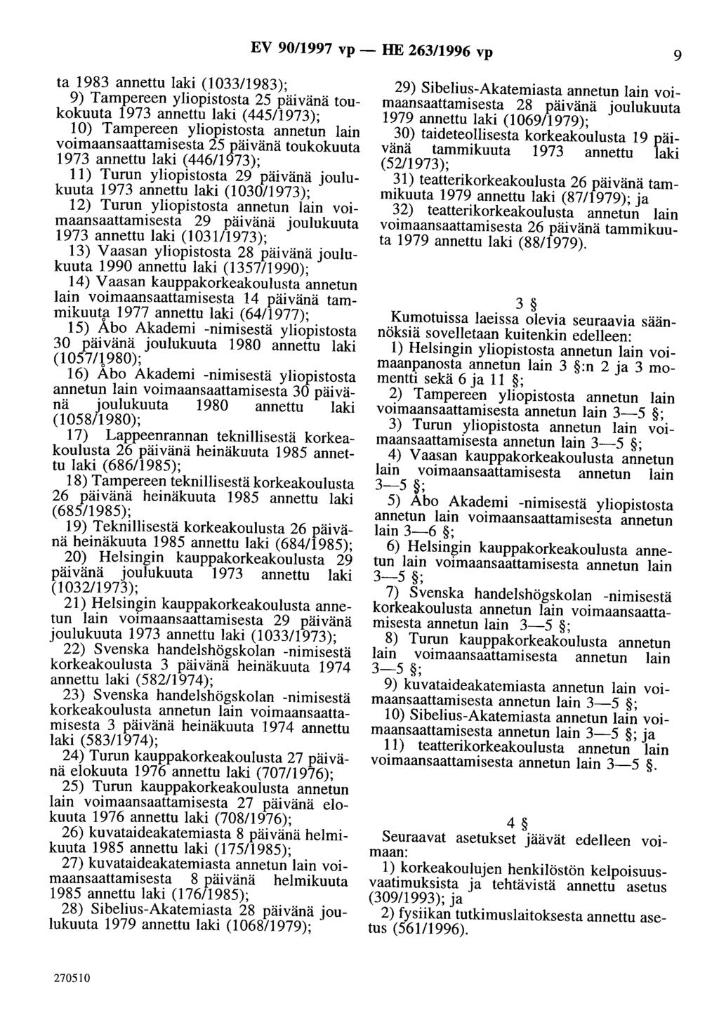 EV 90/1997 vp- HE 263/1996 vp 9 ta 1983 annettu laki (103311983); 9) Tampereen yliopistosta 25 päivänä toukokuuta 1973 annettu laki (445/1973); 1 0) Tampereen yliopistosta annetun lain