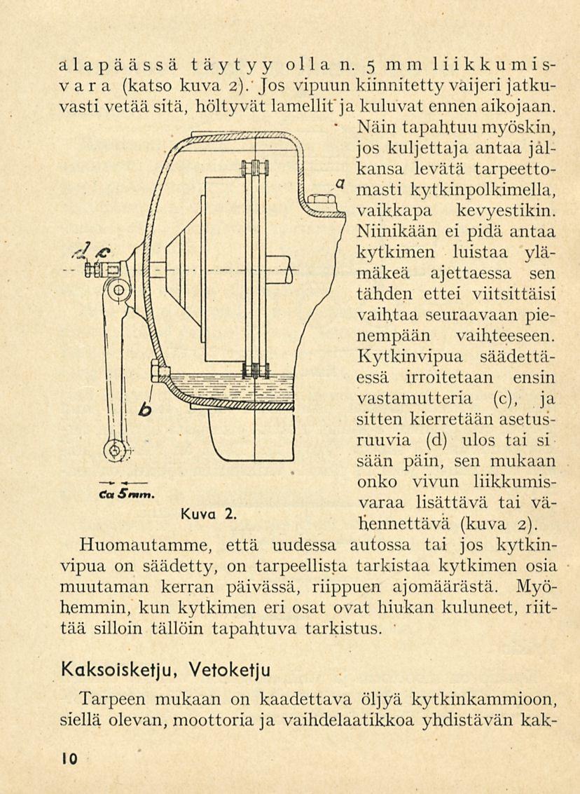 alapäässä täytyy olla n. 5 mm liikkumisvara (katso kuva 2)/ Jos vipuun kiinnitetty vaijeri jatkuvasti vetää sitä, höltyvät lamellifja kuluvat ennen aikojaan.