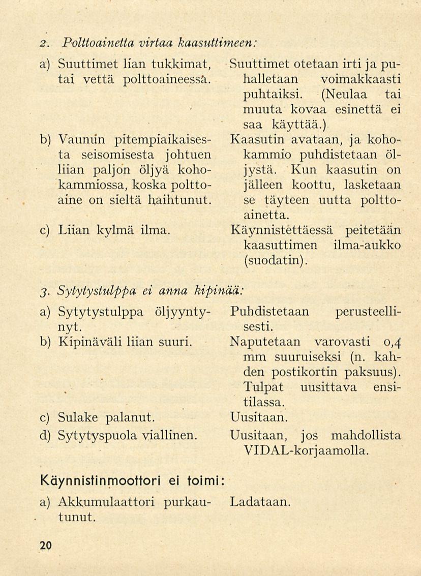 2. Polttoainetta virtaa kaasuttimeen: a) Suuttimet lian tukkimat, Suuttimet otetaan irti ja puhalletaan tai vettä polttoaineessa. voimakkaasti puhtaiksi.