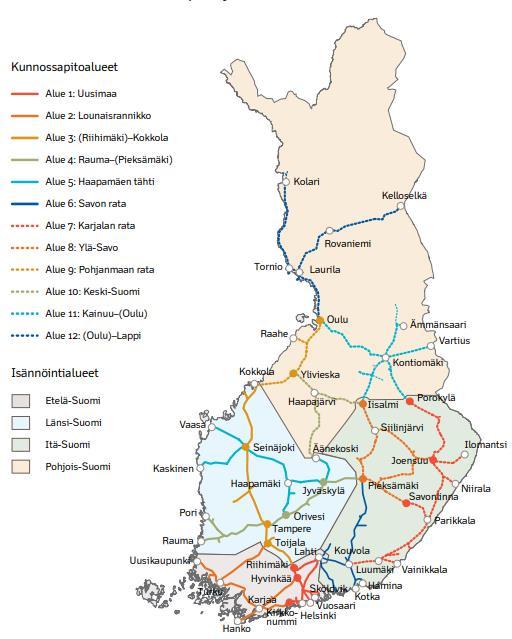 KUVA 1. Liikenneviraston kunnossapito- ja isännöintialueet (5) 2.1 Liikenneviraston kilpailutus Liikennevirasto on liikenne- ja viestintäministeriön alainen virasto.