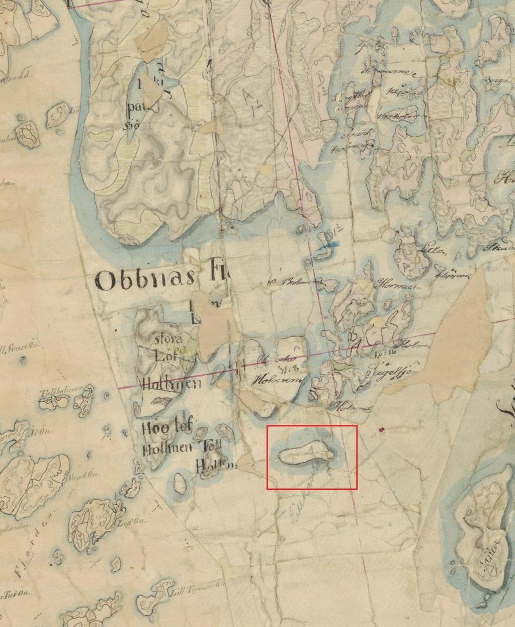 15 Vanha kartta Ote vuoden Kirkkonummen pitäjänkartasta 1840-luvulta. Loman-saari merkitty punaisella neliöllä.