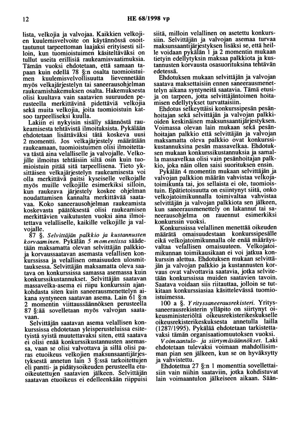 12 HE 68/1998 vp lista, velkojia ja valvojaa.