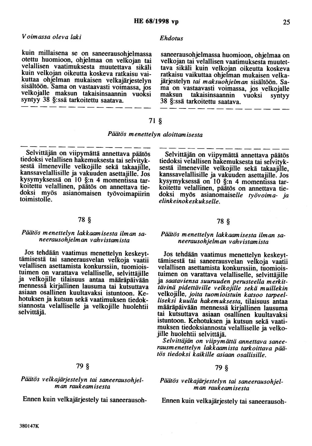 HE 68/1998 vp 25 Voimassa oleva laki kuin millaisena se on saneerausohjelmassa otettu huomioon, ohjelmaa on velkojan tai velallisen vaatimuksesta muutettava sikäli kuin velkojan oikeutta koskeva