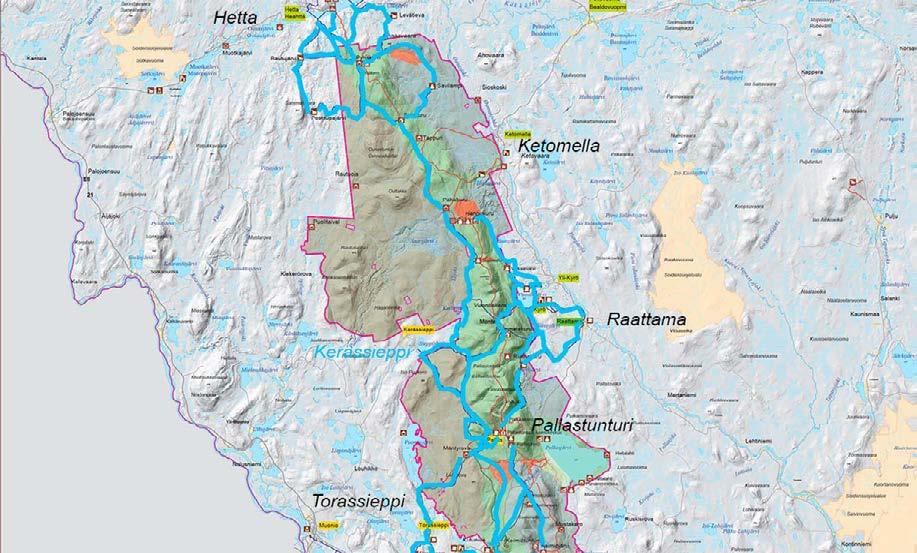 4.1.2 Hiihtoreitit Pallas Yllästunturin kansallispuistossa on hiihtoreittejä 290 km ja ympäröivät alueet mukaan lukien noin 500 km.