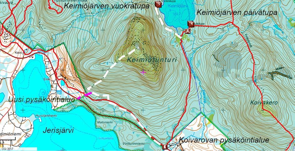 Keimiöjärven polku, 3,5 km Koivarovan pysäköintialueelta vie polku Keimiöjärven autio- ja vuokratuvalle. Autiotuvalta kesäreitti yhtyy 1,5 km:n päässä kulkevaan Pallas Ylläs-vaellusreittiin.