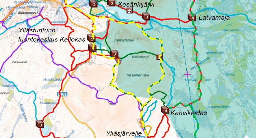 Kellostapulinkierros, 14 km Sorastetaan kevyesti Ylläsjärvi Kesänkijärvi-reitti Tuomikurun kohdalta Kesänkijärvelle, jolloin Keskisenlaen ja Kellostapulin ympäri pääsee pyöräilemään mukavan