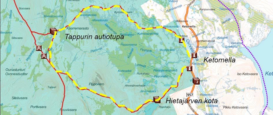 Tappurinkierros, 19 km Ketomella Hietajärvi Tappuri Ketomella-reitti merkitään ja kestävöidään maastopyöräilyreitiksi.