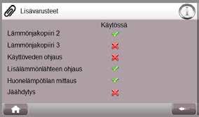 KÄYTTÄJÄN OPAS 3.5.5. Lisävarusteet Lisävarusteet-sivulla näkyvät vakiotoimituksen lisäksi kaikki hankitut lisätoiminnot. Mahdollisia lisävarusteita ovat: Lisävaruste Toiminnosta lisää kappaleessa 1.