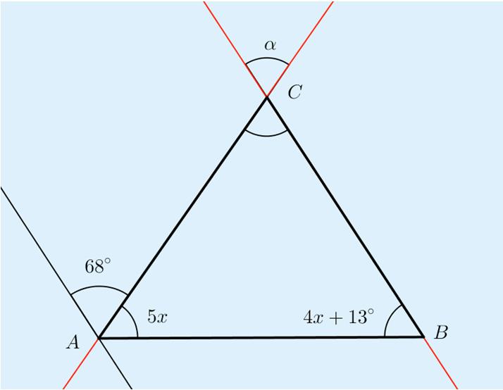 8. Jatketaan kolmion sivuja AC ja BC, jolloin saadaan kolmion kulman C ristikulma α. Kärjen A kautta piirretty suora on yhdensuuntainen sivun BC kanssa, samankohtaiset kulmat 68 ja α ovat yhtä suuret.