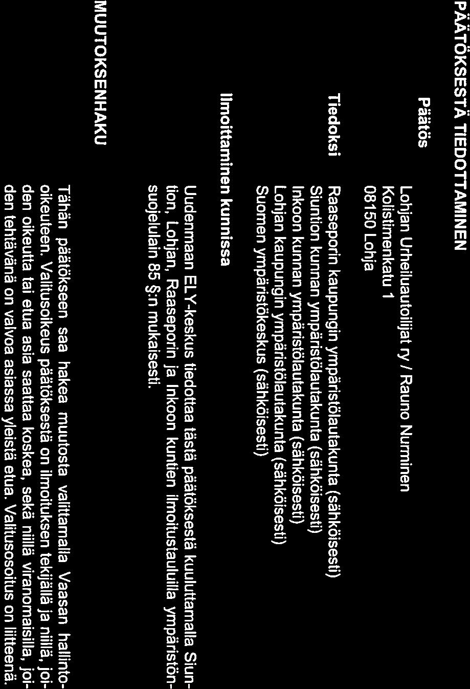 5/5 PÄÄTÖKSESTÄ TIEDOTTAMINEN Päätös Tiedoksi Lohjan Urheiluautoilijat ry / Rauno Nurminen Kolistimenkatu 1 08150 Lohja Raaseporin kaupungin ympäristölautakunta (sähköisesti) Siuntion kunnan