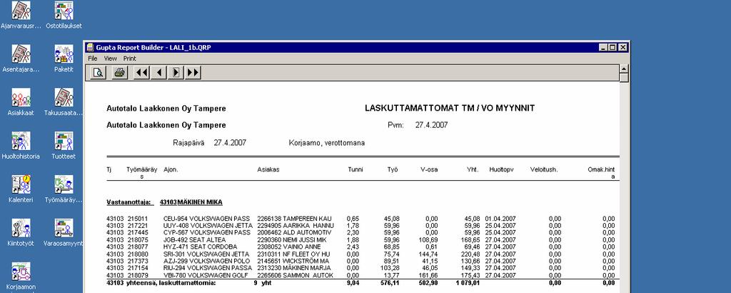9 2.1.3 Laskuttamattomien lista Laskuttamattomien listasta voidaan tarkkailla tietyn työntekijän hoitamia töitä.