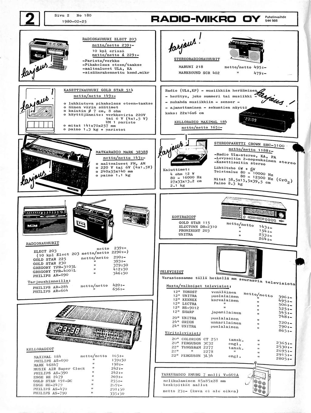 Sivu 2 No 1 80 1980-02-25 RADIO-MIKRO OY Puhelinvaihde 544 566 RADIONAUHURI ELECT 203 netto/netto 239: 10 kpl erissa n e t t o / n e t t o & 2 2 9 : Paristo/verkko P i k a k c l a u s c t e c n / t a