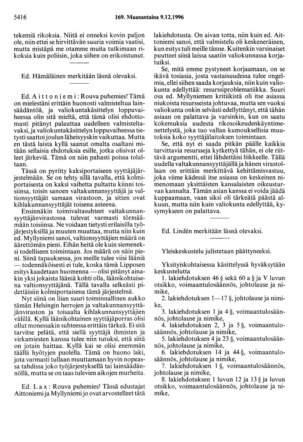 5416 169. Maanantaina 9.12.1996 tekemiä rikoksia.