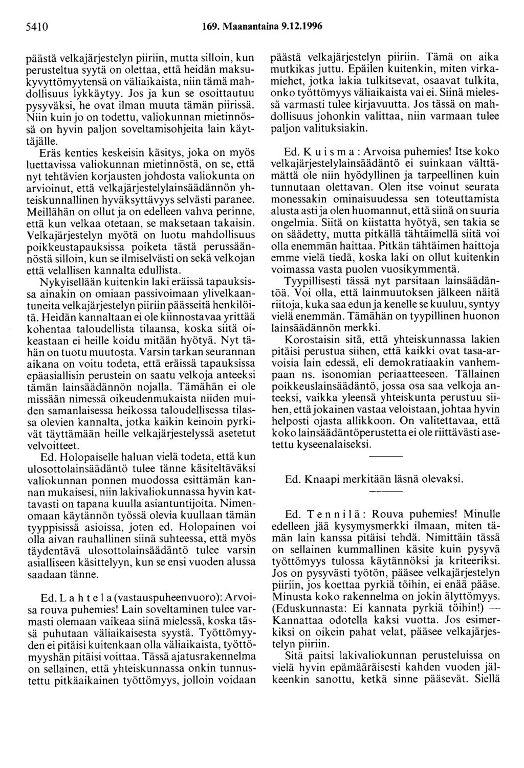 5410 169. Maanantaina 9.12.1996 päästä velkajärjestelyn piiriin, mutta silloin, kun perusteltua syytä on olettaa, että heidän maksukyvyttömyytensä on väliaikaista, niin tämä mahdollisuus lykkäytyy.