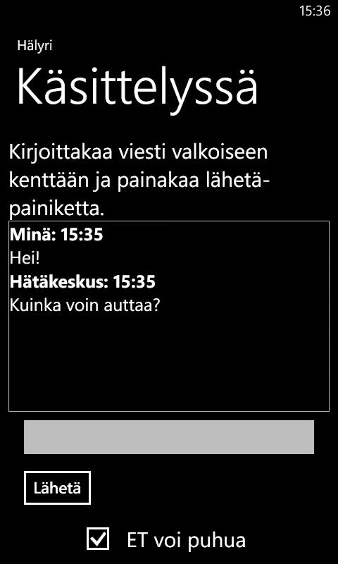 Kuva 4.8: Tekstipohjaisen viestinnän näkymä. 4.4 Hätäkeskusohjelmasta päällekytkettävät toiminnot Käsittelyn aikana eräät toiminnot voidaan kytkeä päälle ainoastaan hätäkeskusohjelman päässä.