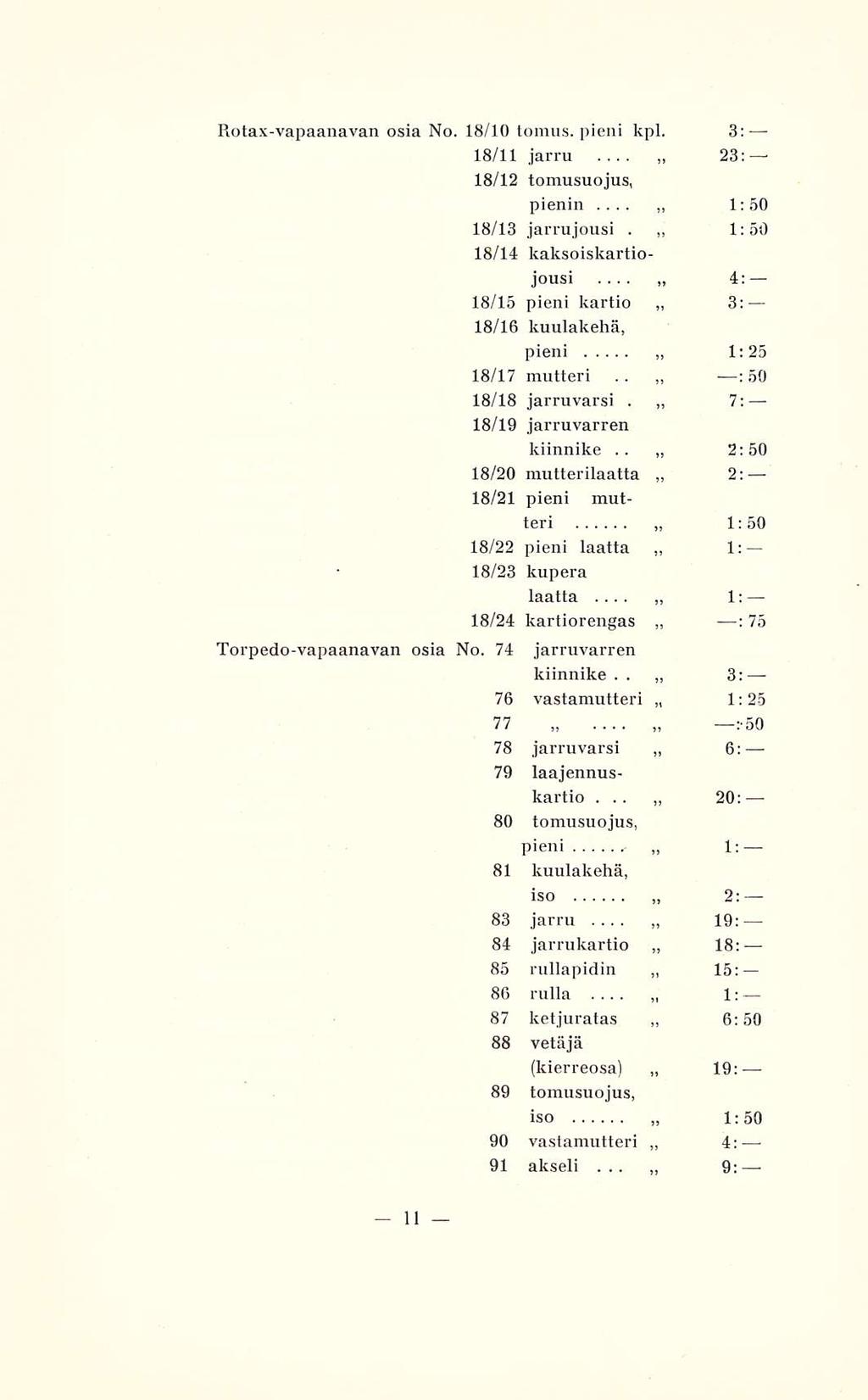 . 20: 6; 1:50 Rotaxvapaanavan osia No. 18/10 tomus. pieni kpl. 3: 18/11 jarru 23: 18/12 tomusuojus, pienin 1: 50 18/13 jarrujousi.