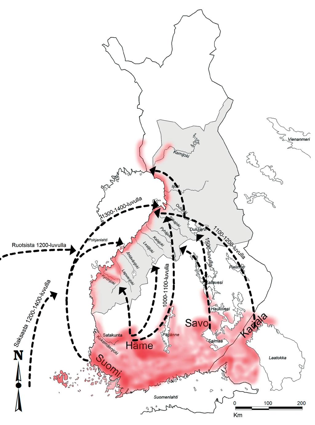 Keskiajan loppuvaiheet 19 Kartta 2. Asutus- ja väestöliikkeet Pohjanmaalle keskiajalla. Keskiajalla väestöä muutti jo varsin runsaasti etelän asutuskeskuksista Pohjanmaan jokilaaksoihin.
