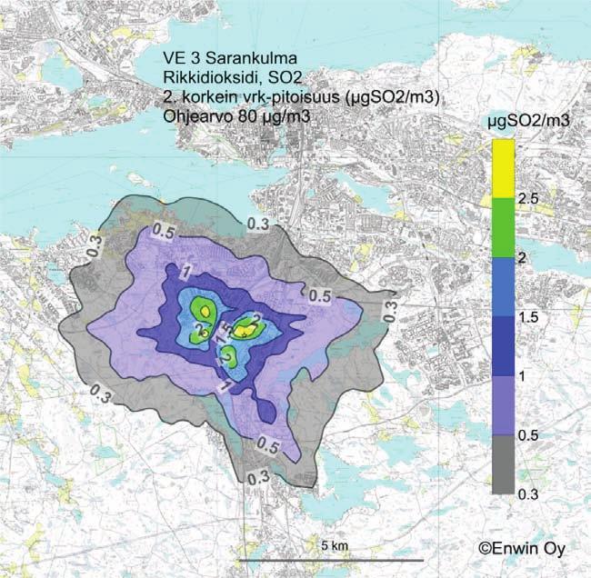 85 Kuva 6-5 Rikkidioksidin toiseksi korkein vuorokausipitoisuus (μgso 2 /m 3 ) vaihtoehdossa VE 3,