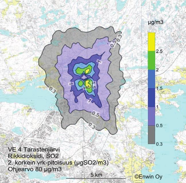 86 Kuva 6-6 Rikkidioksidin toiseksi korkein vuorokausipitoisuus (μgso 2 /m 3 ) vaihtoehdossa VE 4a,