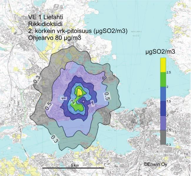 83 arvoihin verrannollisissa pitoisuuksissa kolmen vuoden meteorologisen aineiston tarkastelujaksolla.