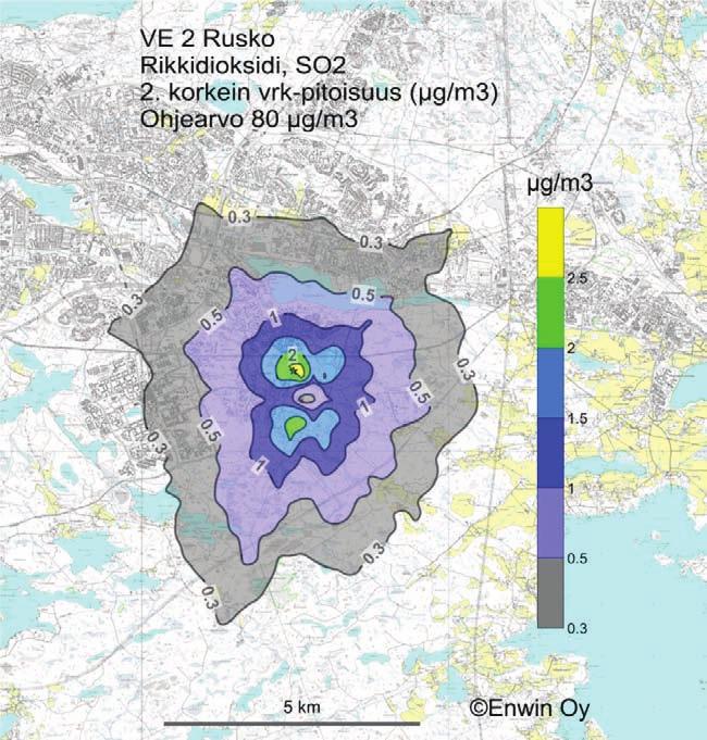 84 Kuva 6-4 Rikkidioksidin toiseksi korkein vuorokausipitoisuus (μgso 2 /m 3 ) vaihtoehdossa VE 2,