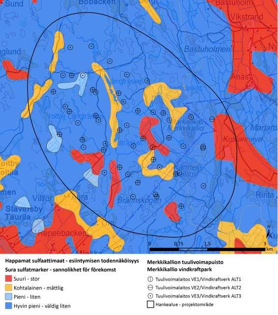 Kuva 9.13. Happamien sulfaattimaiden esiintymisen todennäköisyys hankealueella (GTK 2014)
