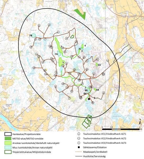Kuva 10.2. Metsätalouden ympäristötukikohteet (Metsäkeskus 2014) sekä paikallisesti arvokkaat ja muut arvokkaat luontokohteet hankealueella ja läheisyydessä (Jynx 2013, Jynx 2014a).