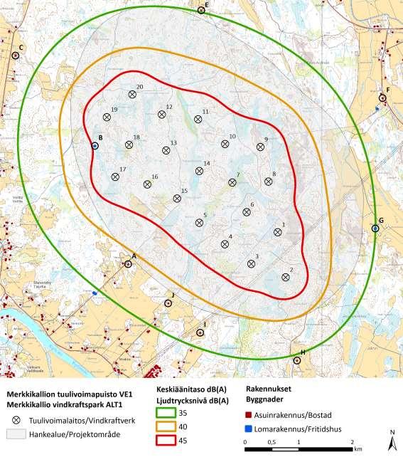 Kuva 9.4. Melumallinnuksen tulokset vaihtoehdon 1 tilanteessa (20 voimalaa). Taulukko 9.7. Mallinnetut keskiäänitasot melulle herkissä kohteissa (VE1). Tähdellä merkitty rakennus ei ole käytössä.